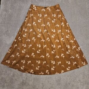 MOTF Women's Floral Pleated Velvet Midi Skirt Brown Gold Size Large Lined A-Line